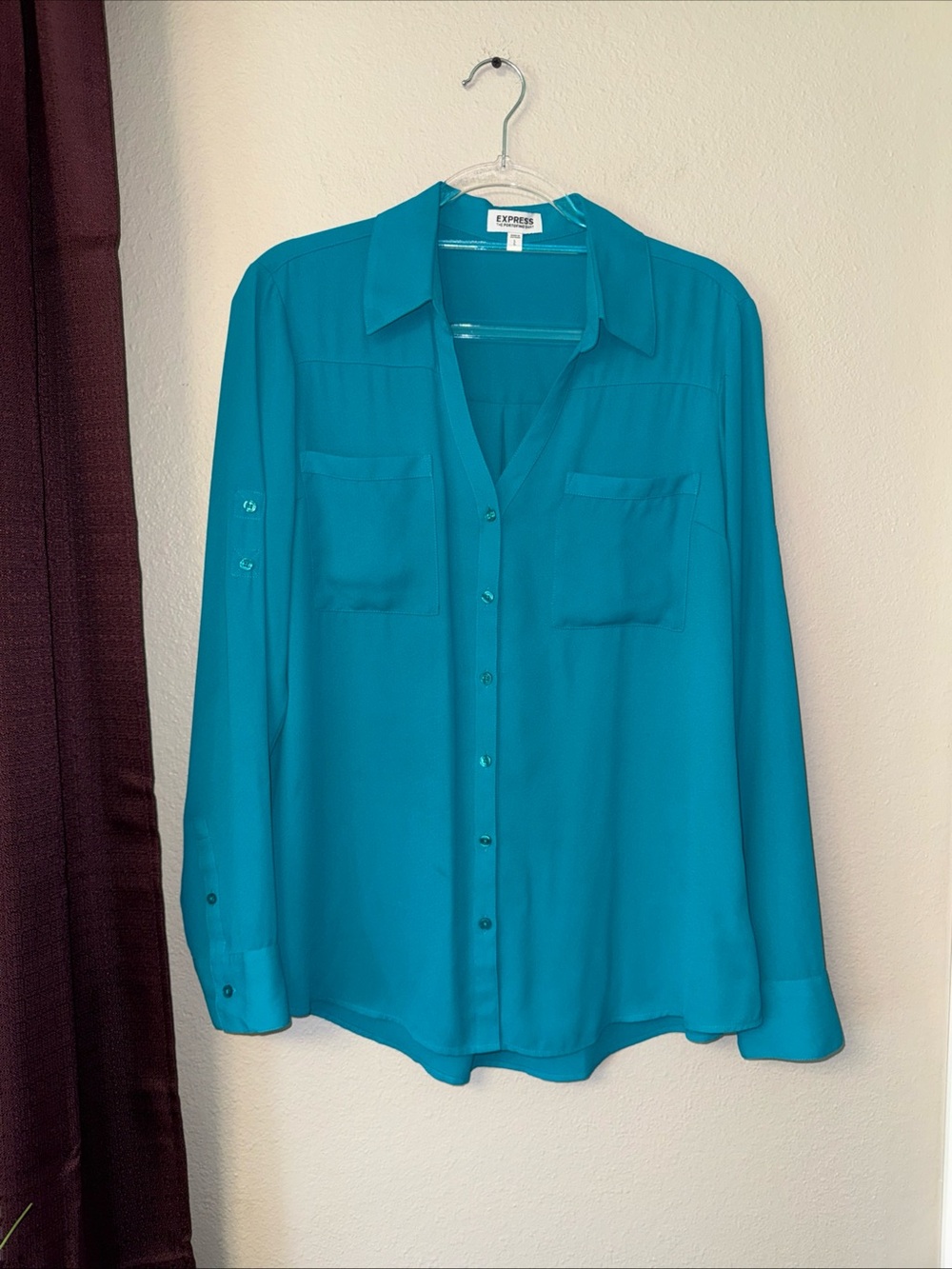 #841 Express Teal Long Sleeve Button-Down Blouse Size Large